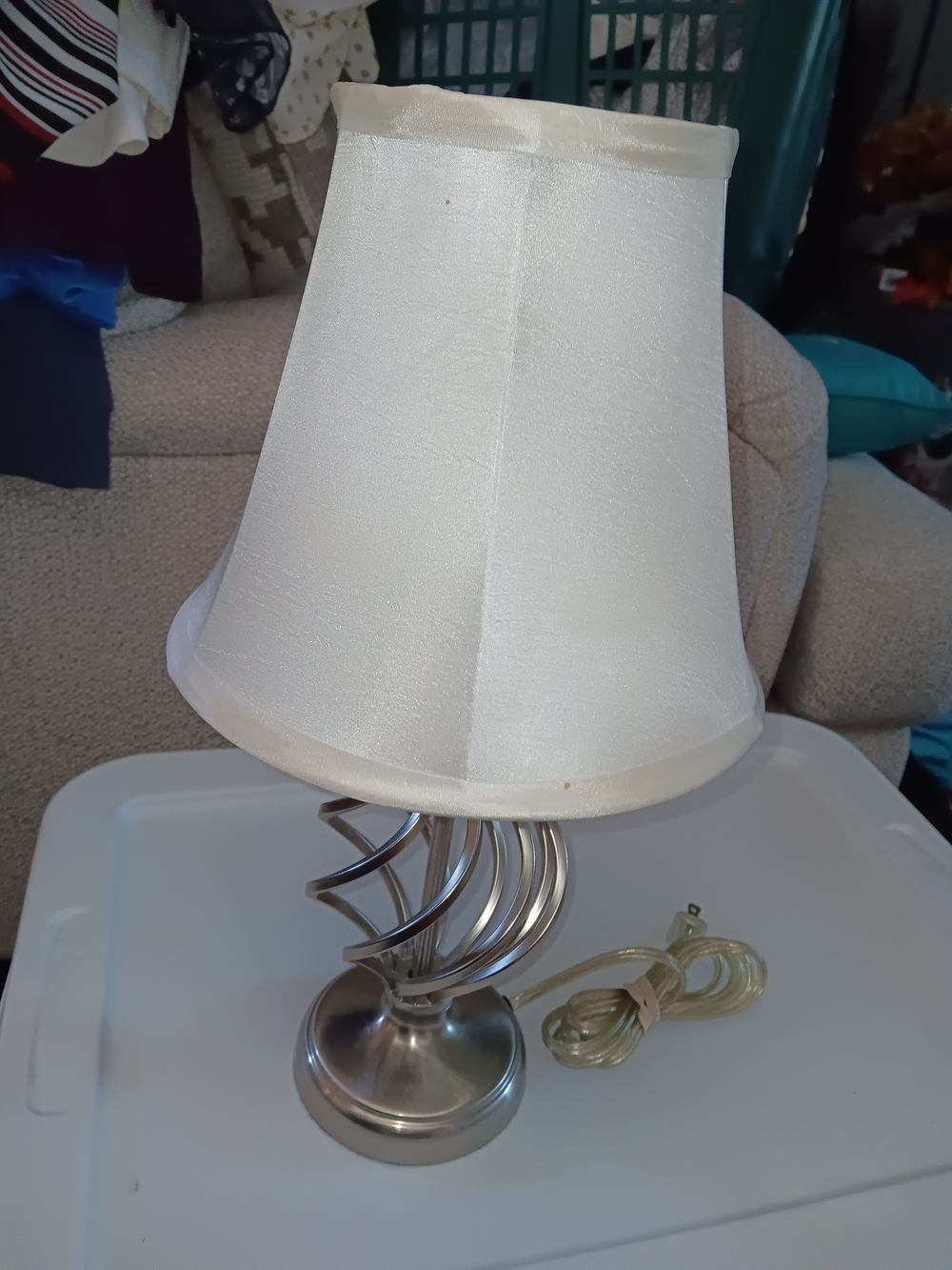 White and Silver Table Lamp with Curved Metal Base